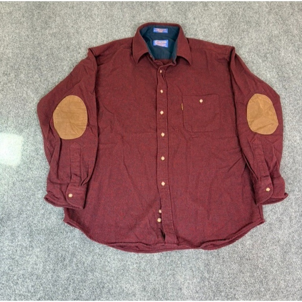Pendleton Men's  Button UP Shirt Elbow Patch Burgundy Red 100% Wool Size L